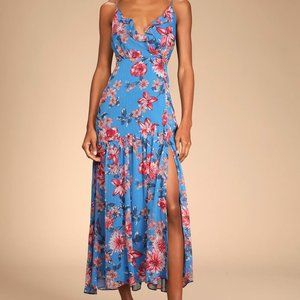 Lulus -- Tropical Skies Blue Multi Floral Print Sleeveless Maxi Dress